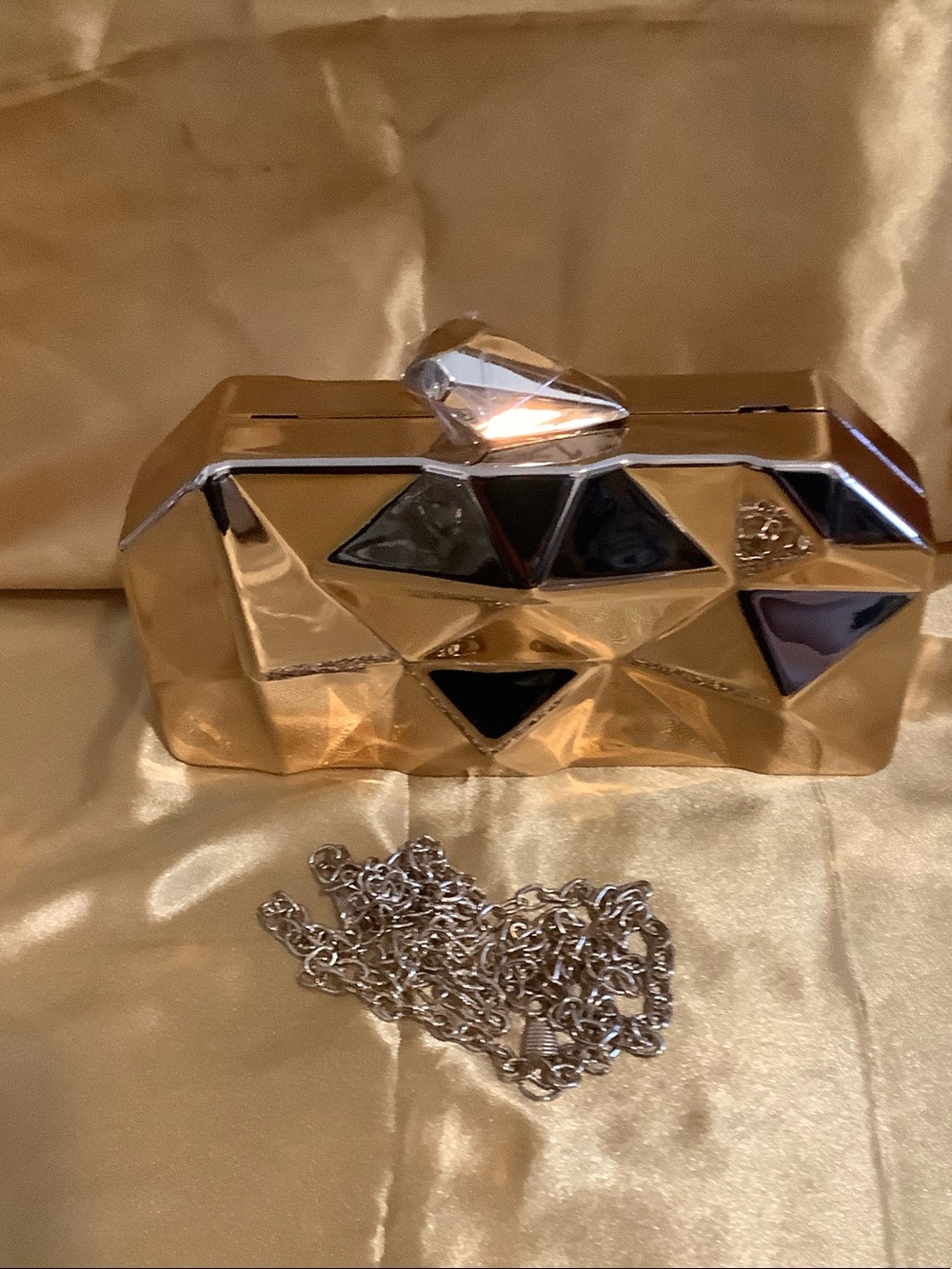 Gold Geometric Hard Clutch with Chain Strap